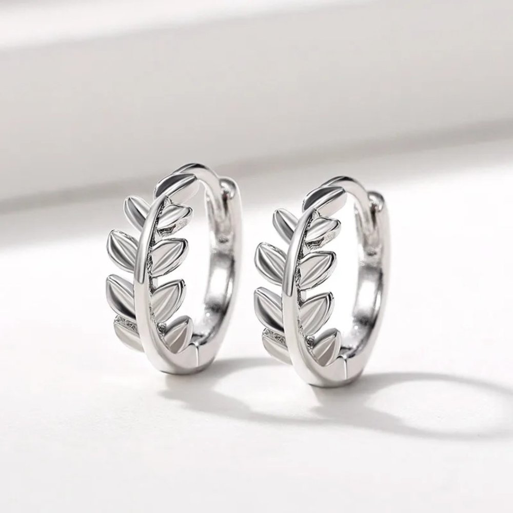 Silver Leaf Hoop Earrings - Picture 1 of 7